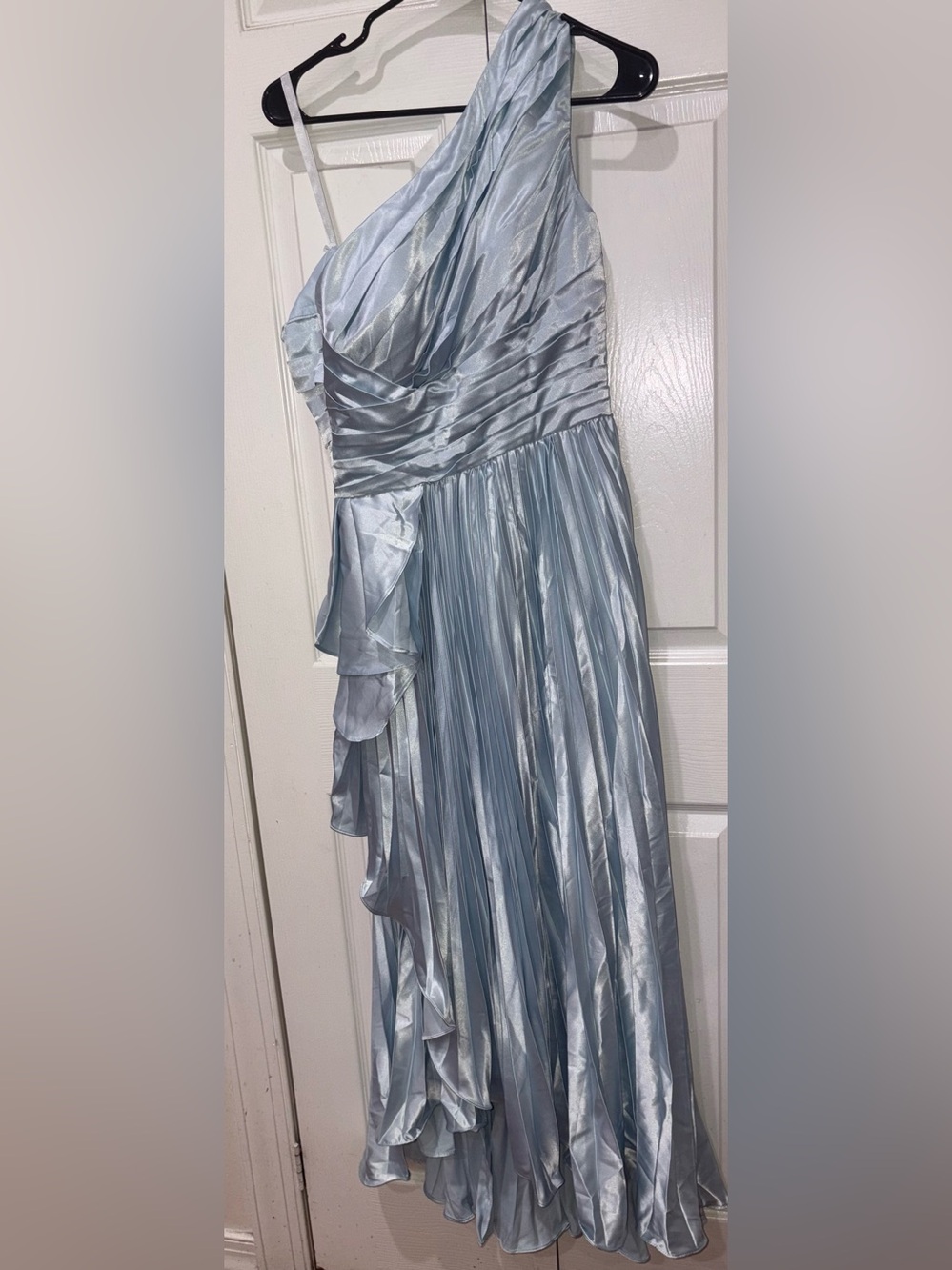 One-Shoulder Satin Ruffle Girls' Dress in Light Blue